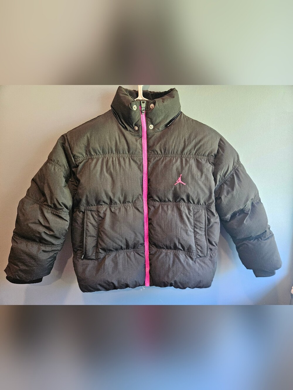 Jordan Kids Black Puffer Jacket with Pink Trim Hooded Not Included.
